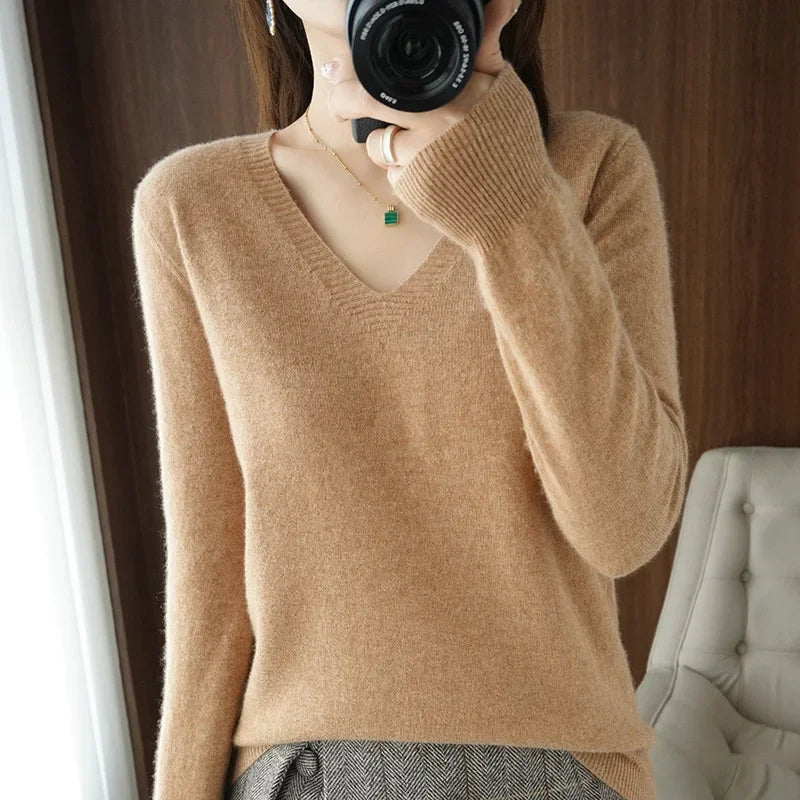 V-Neck Solid Knit Sweater - Warm Casual Pullover