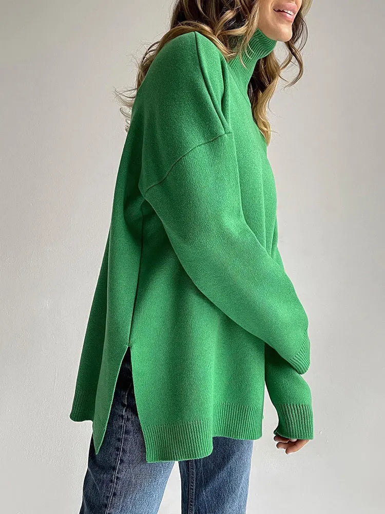 Side-Split Turtleneck Sweater - Oversized Knit Jumper