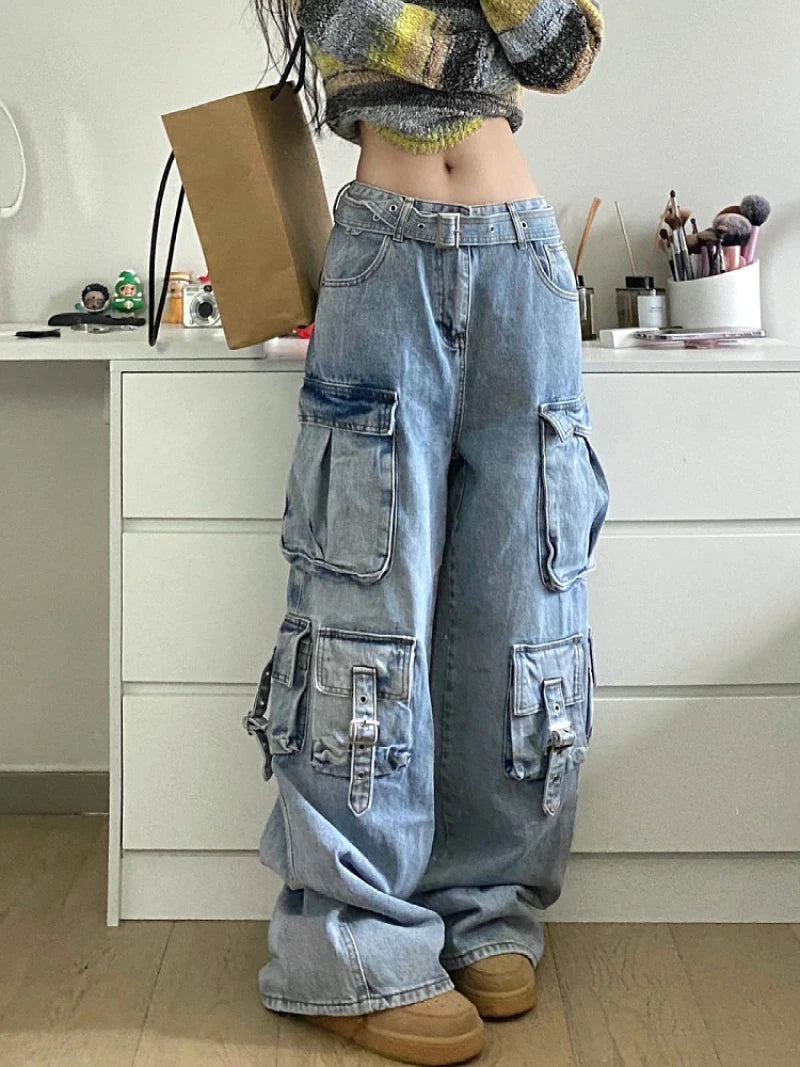 Baggy Cargo Wide-Leg Jeans - Multi-Pocket Street Style