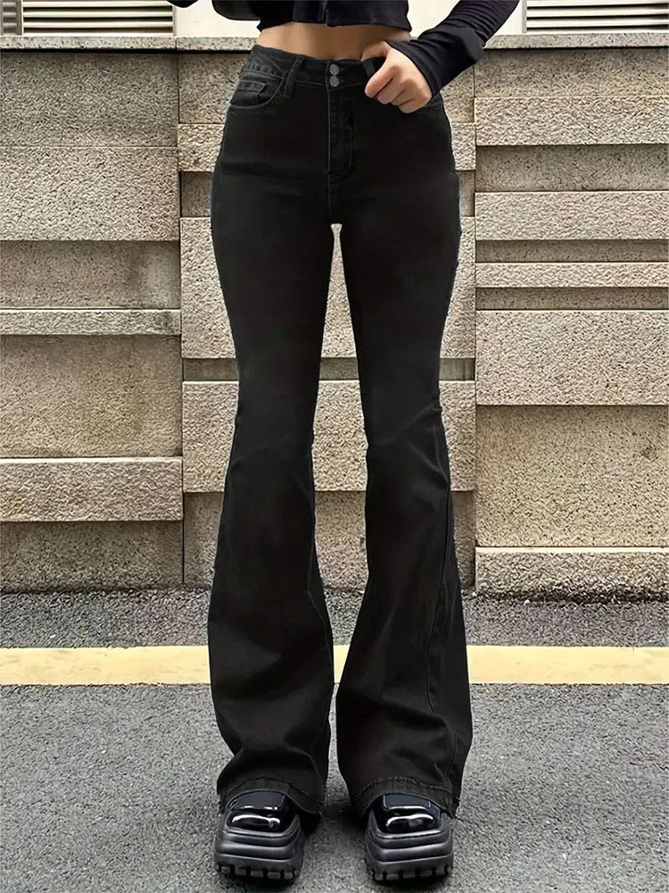 Gray Flare Stretch Jeans - High-Waist Bell-Bottom Fit