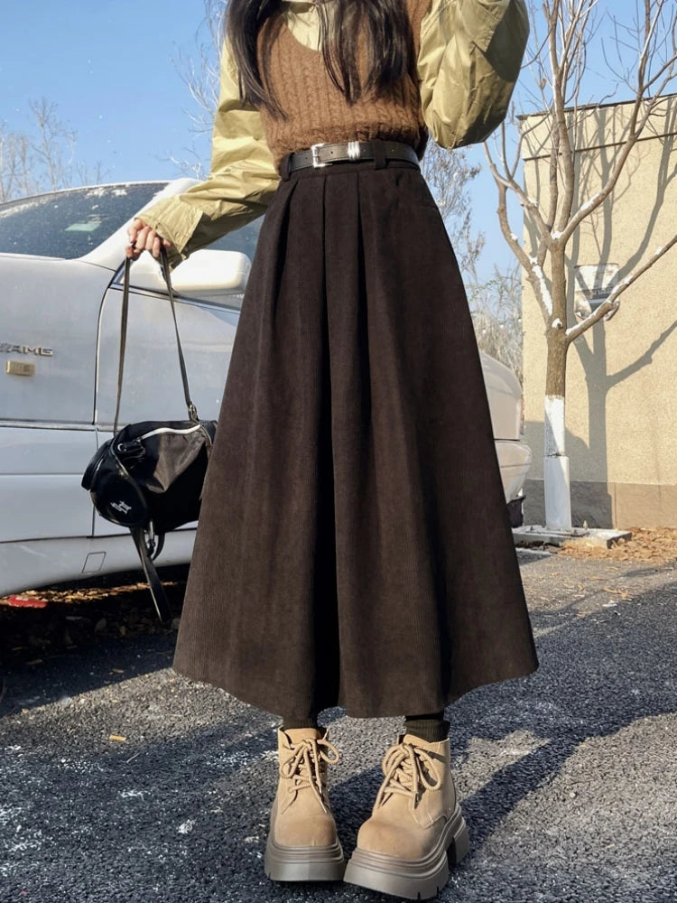 Corduroy Pleated Midi Skirt - Belted Vintage Waist