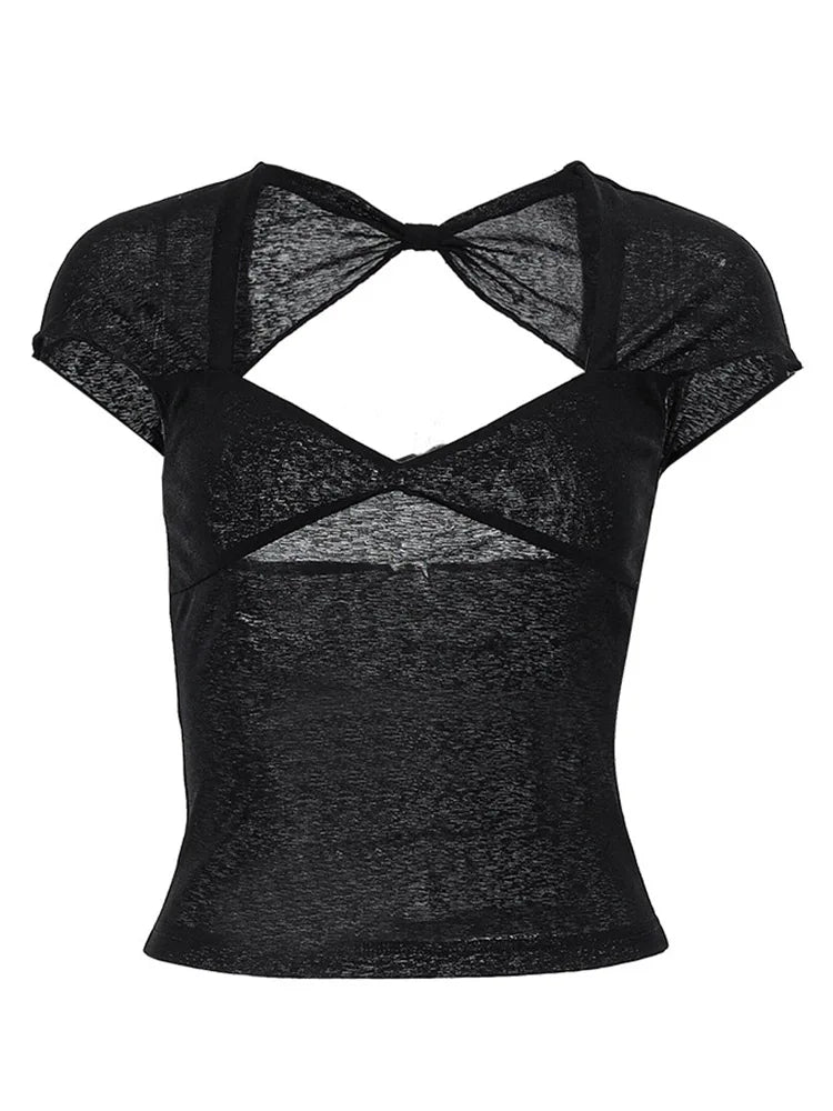 Square Collar Backless Crop Top - Short Sleeve Streetwear Tee