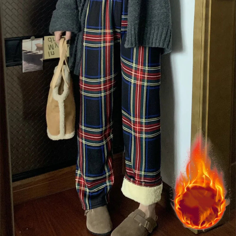 Fleece Lined Plaid Trousers - Straight Winter Fit