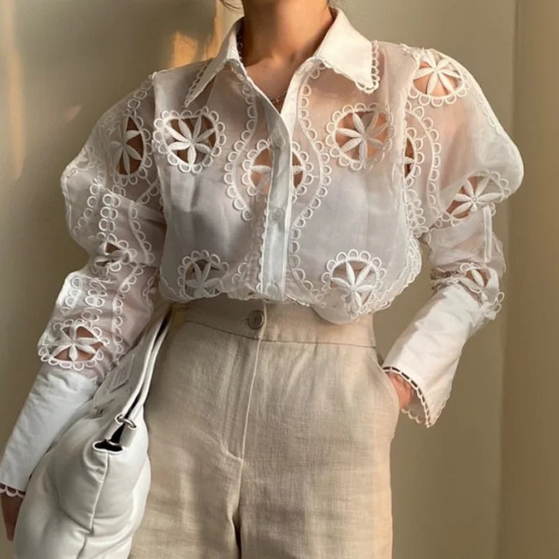 Floral Embroidery Hollow Blouse - Long Sleeve Vintage Shirt
