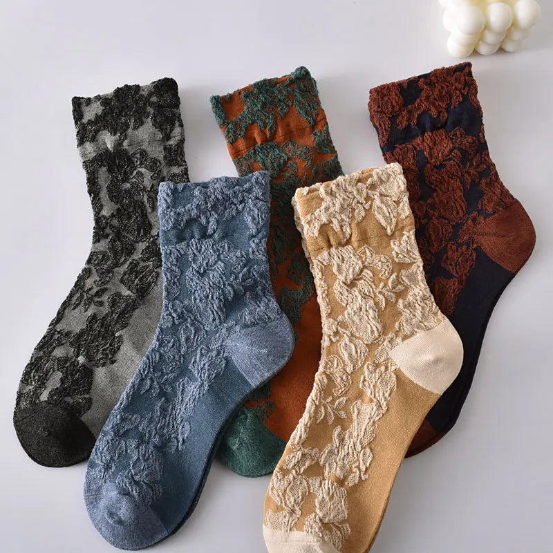 5-Pair Embroidered Flower Socks Set - Harajuku Retro Style