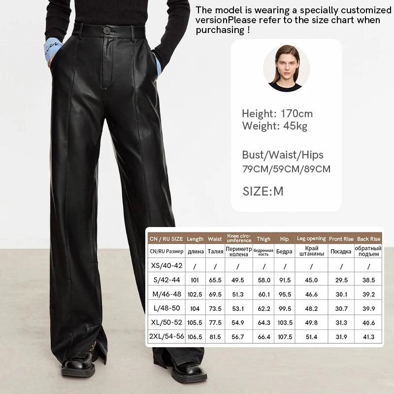 PU Leather Straight Pants - Floor Length Slit Design