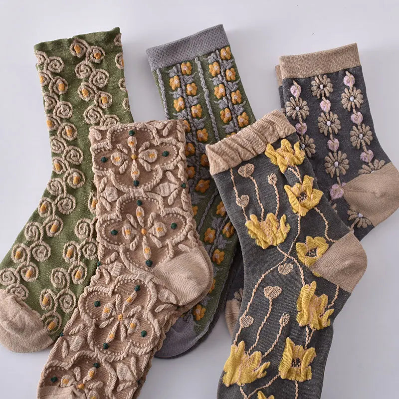 5-Pair Embroidered Flower Socks Set - Harajuku Retro Style