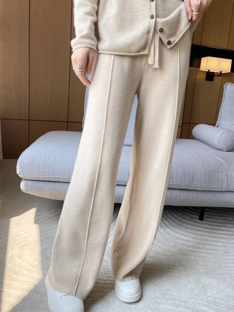 Knitted Wide Leg Pants - High Waist Relaxed Fit