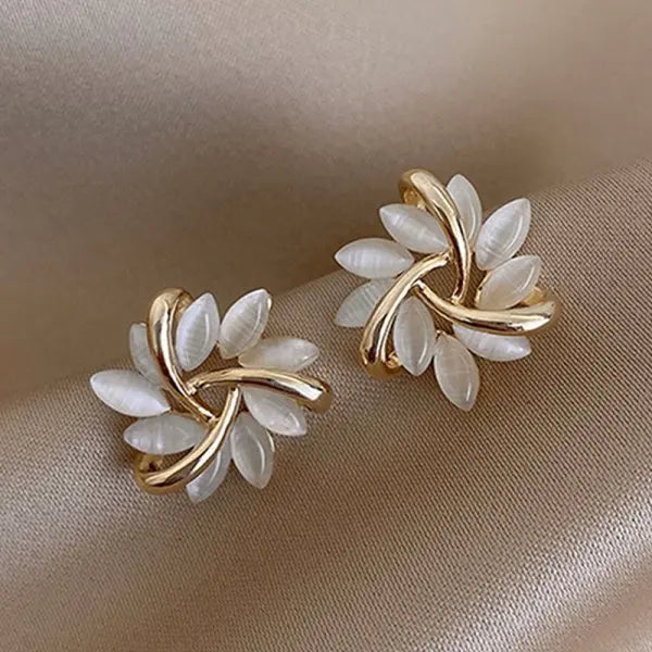 Rhinestone Flower Stud Earrings - Pearl Detail Party Style