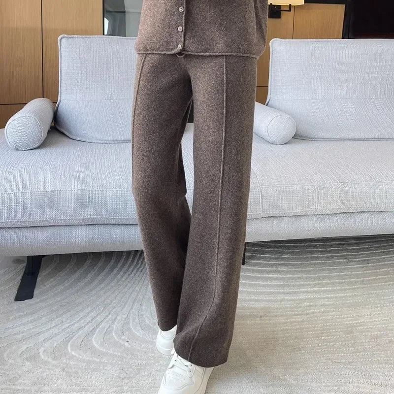 Knitted Wide Leg Pants - High Waist Relaxed Fit