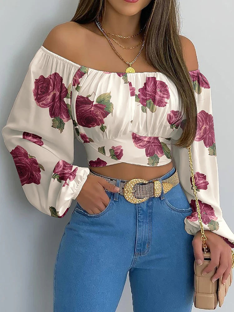 Off-Shoulder Printed Blouse - Lantern Sleeve Lace-Up Crop Top