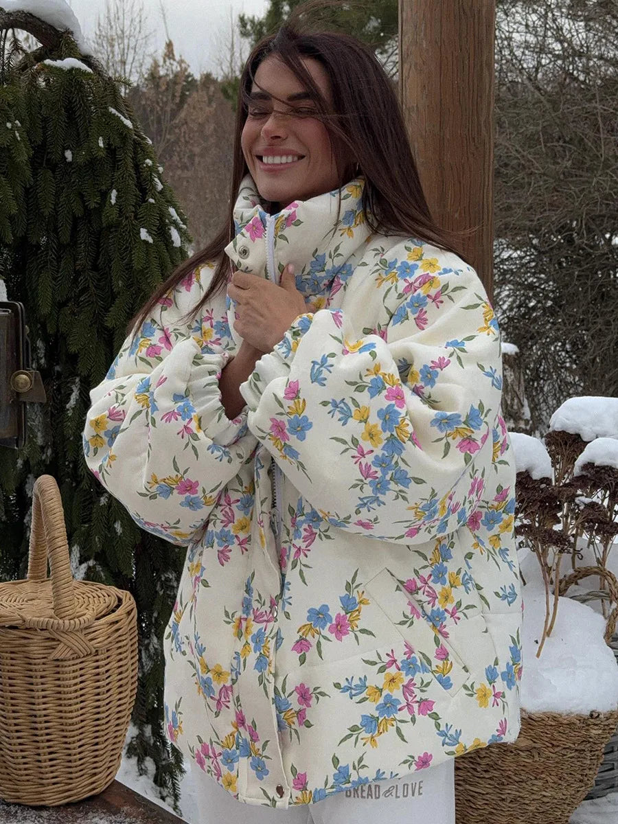 Floral Print Puffer Jacket - Oversized Stand Collar Coat