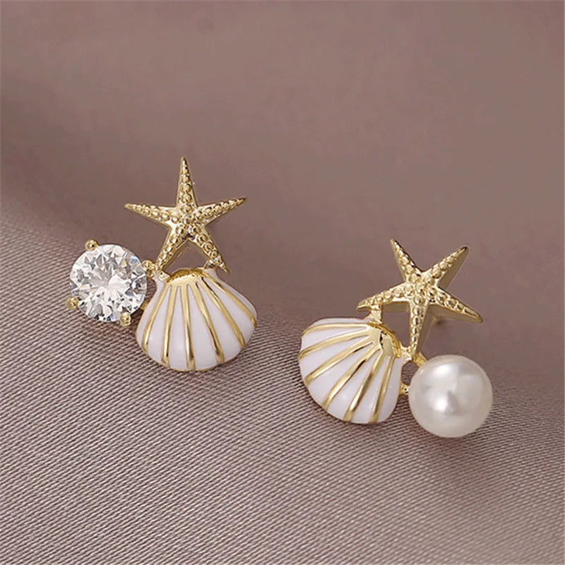 Shell Starfish Stud Earrings - Asymmetric Pearl Accent