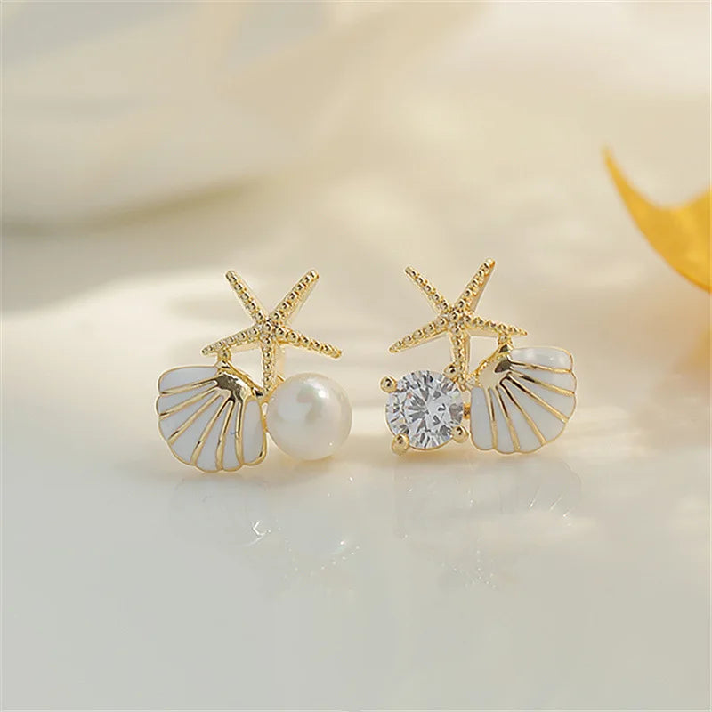 Shell Starfish Stud Earrings - Asymmetric Pearl Accent