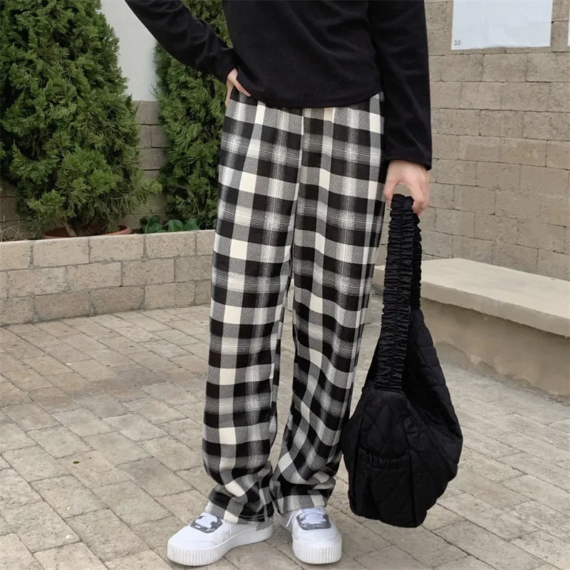 Fleece Lined Plaid Trousers - Straight Winter Fit
