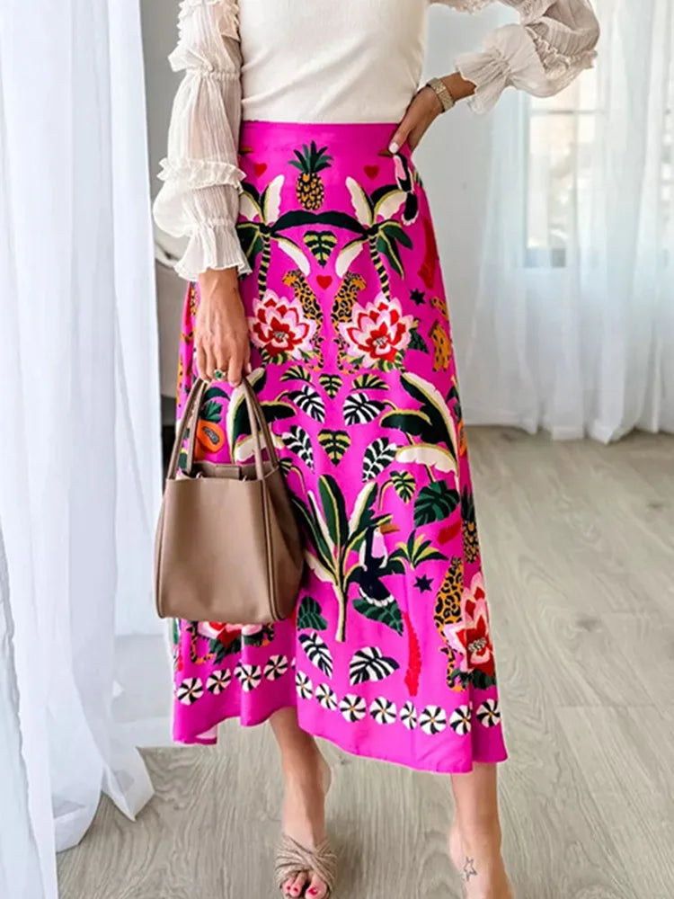 Botanical Print A-Line Skirt - Zipper Waist Design