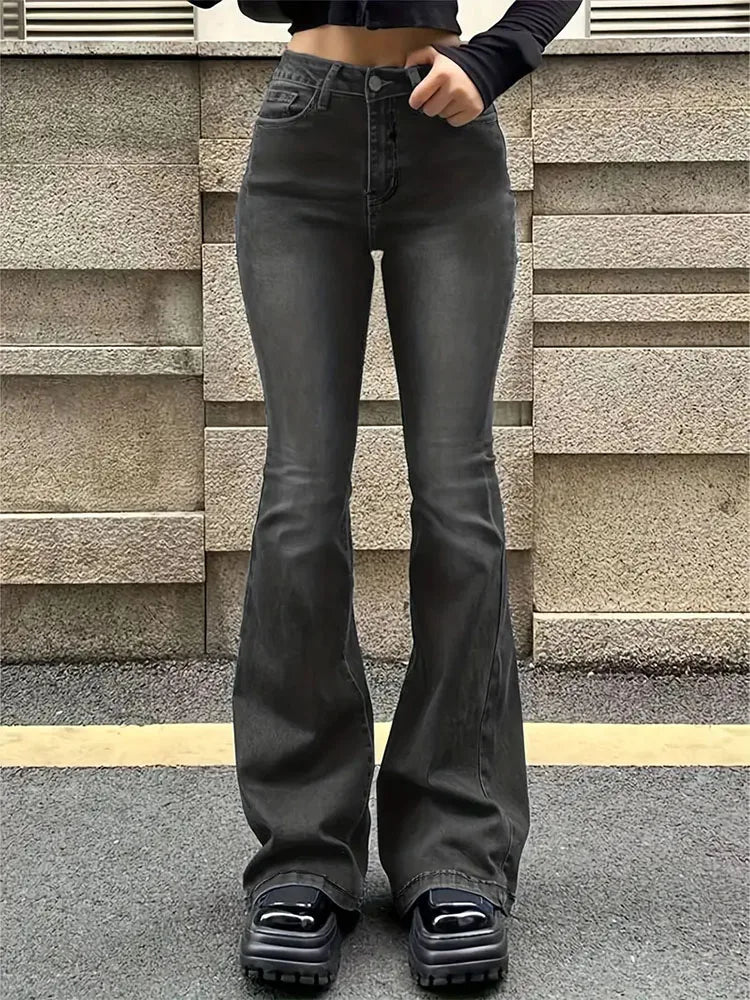 Gray Flare Stretch Jeans - High-Waist Bell-Bottom Fit