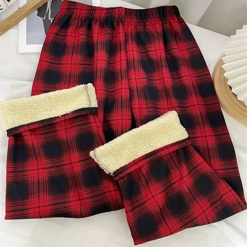 Fleece Lined Plaid Trousers - Straight Winter Fit