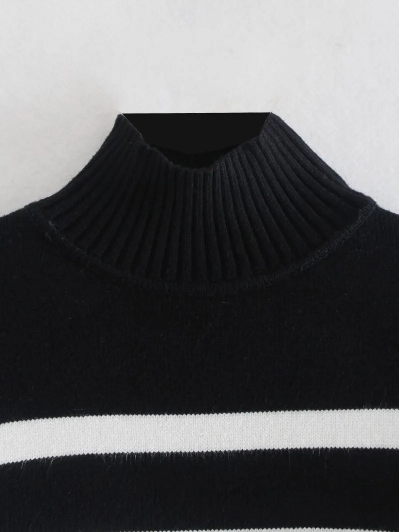 Striped Turtleneck Sweater - Long Sleeve Loose Knit Jumper
