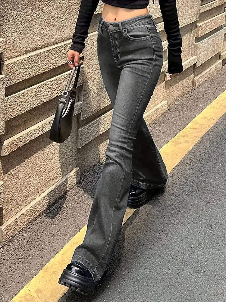 Gray Flare Stretch Jeans - High-Waist Bell-Bottom Fit