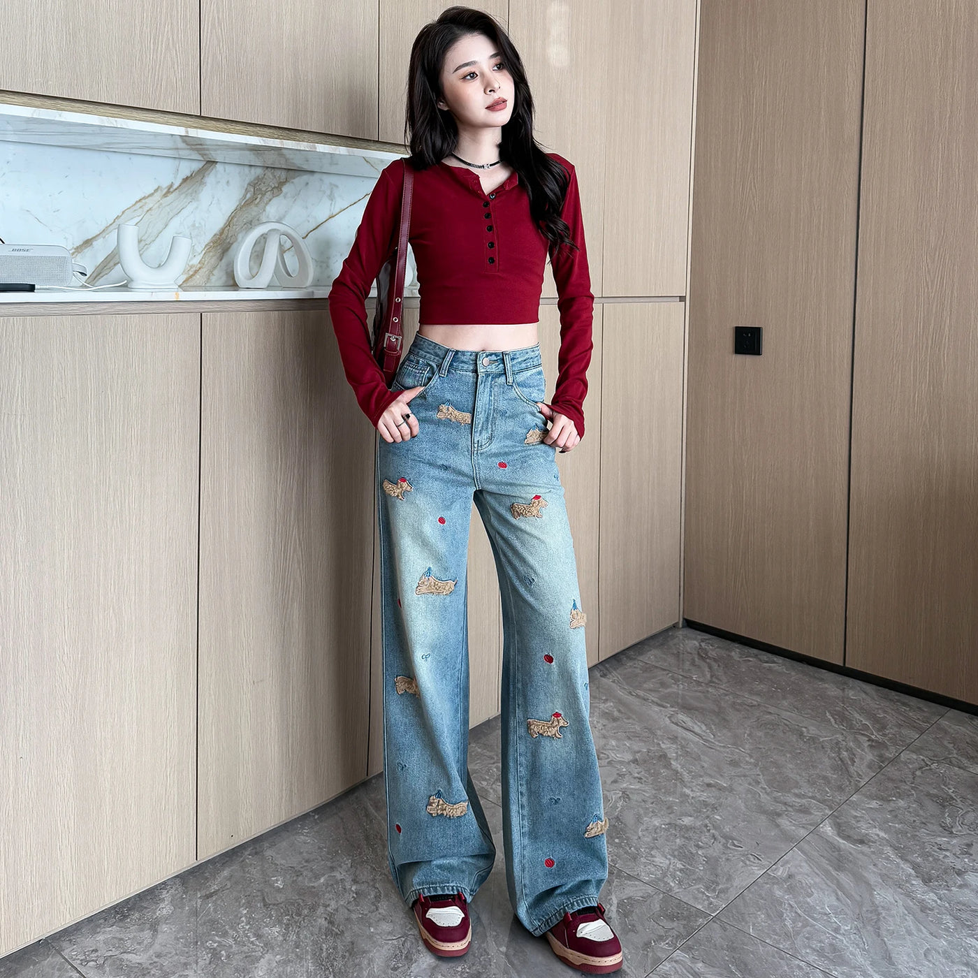 Embroidered Dog Straight-Leg Jeans - Korean Casual Denim