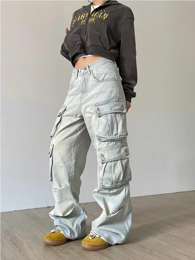 Baggy Cargo Wide-Leg Jeans - Multi-Pocket Street Style