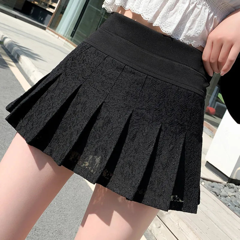 Lace Detail Pleated Mini Skirt - Sweet High Waist