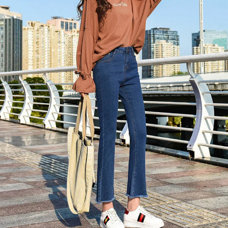 High-Waist Slim Flare Jeans - Stretch Ankle-Length Denim