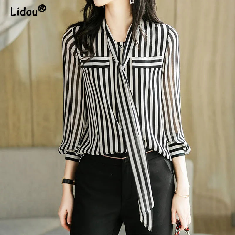 Striped Long Sleeve Blouse - Office Lady Temperament Shirt