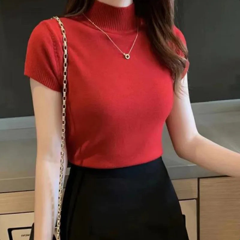 Half-High Neck Knit Tee - Korean Style One-Size Top