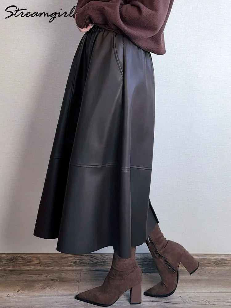 Leather A-Line Midi Skirt - Elastic Waist With Pockets