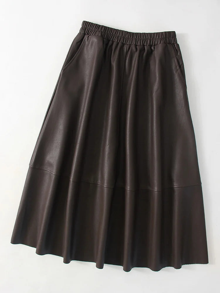 Leather A-Line Midi Skirt - Elastic Waist With Pockets