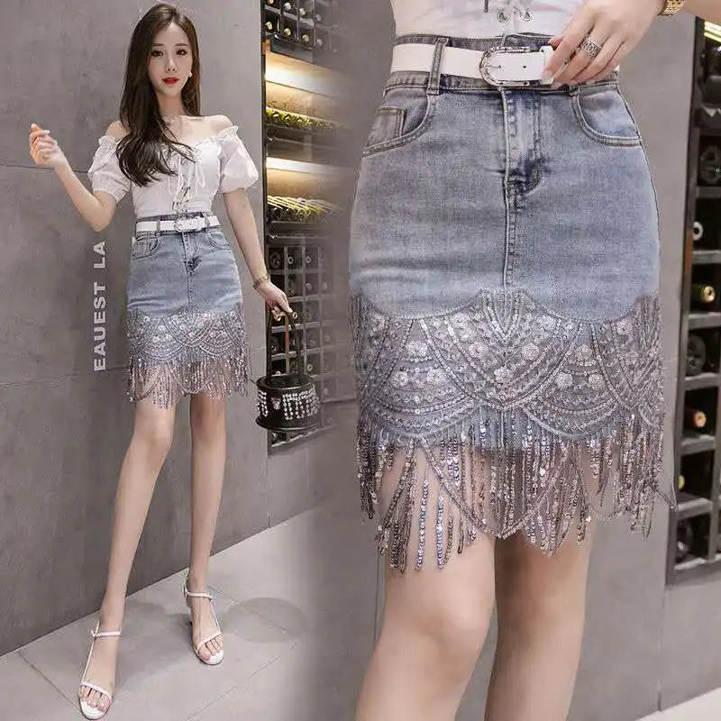 High Waist Fringe Denim Skirt - Coquette Streetwear