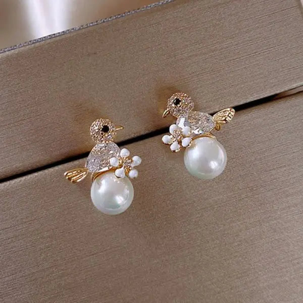 Rhinestone Flower Stud Earrings - Pearl Detail Party Style