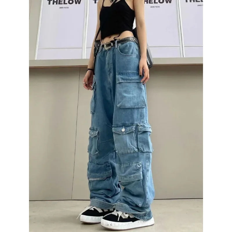 Washed Multi-Pocket Cargo Jeans - High-Waist Wide-Leg Fit