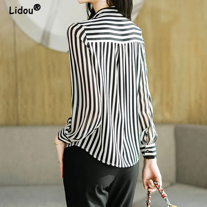 Striped Long Sleeve Blouse - Office Lady Temperament Shirt