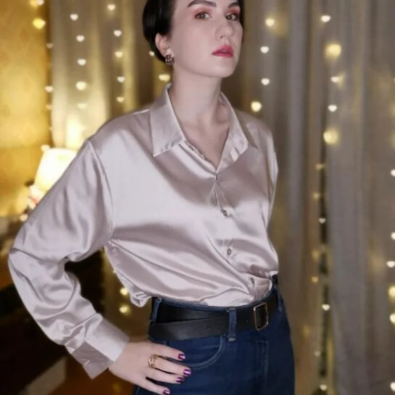 Vintage Button-Up Shirt - Long Sleeve Loose Blouse