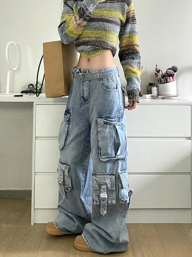 Baggy Cargo Wide-Leg Jeans - Multi-Pocket Street Style