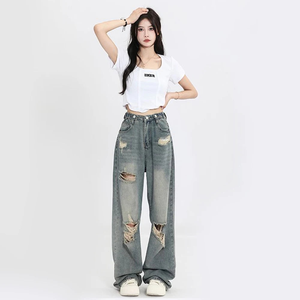 Ripped High-Waist Wide-Leg Jeans - American Retro Wash