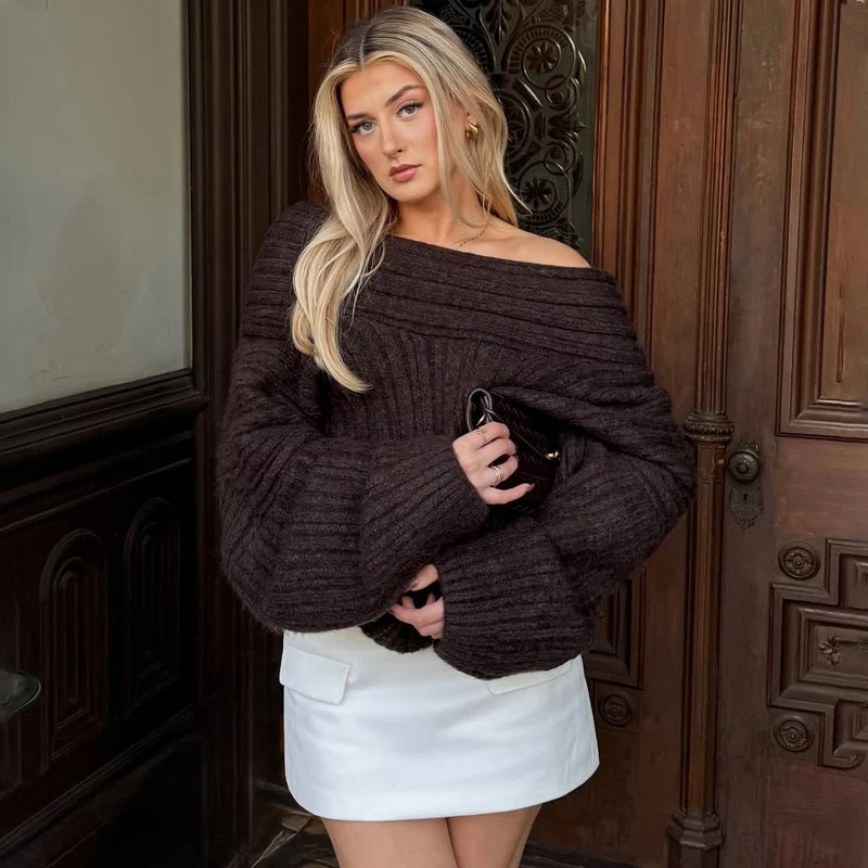Off-Shoulder Retro Sweater - Loose Brown Knit Pullover