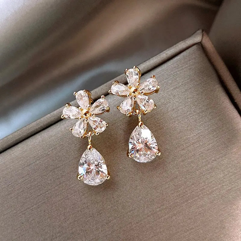 Rhinestone Flower Stud Earrings - Pearl Detail Party Style