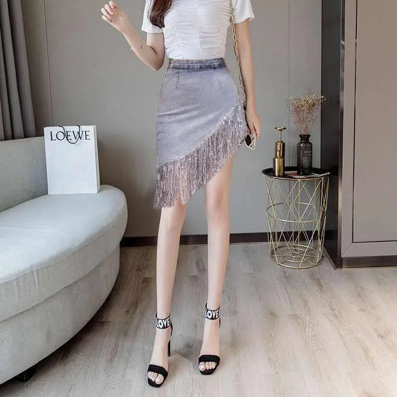 High Waist Fringe Denim Skirt - Coquette Streetwear