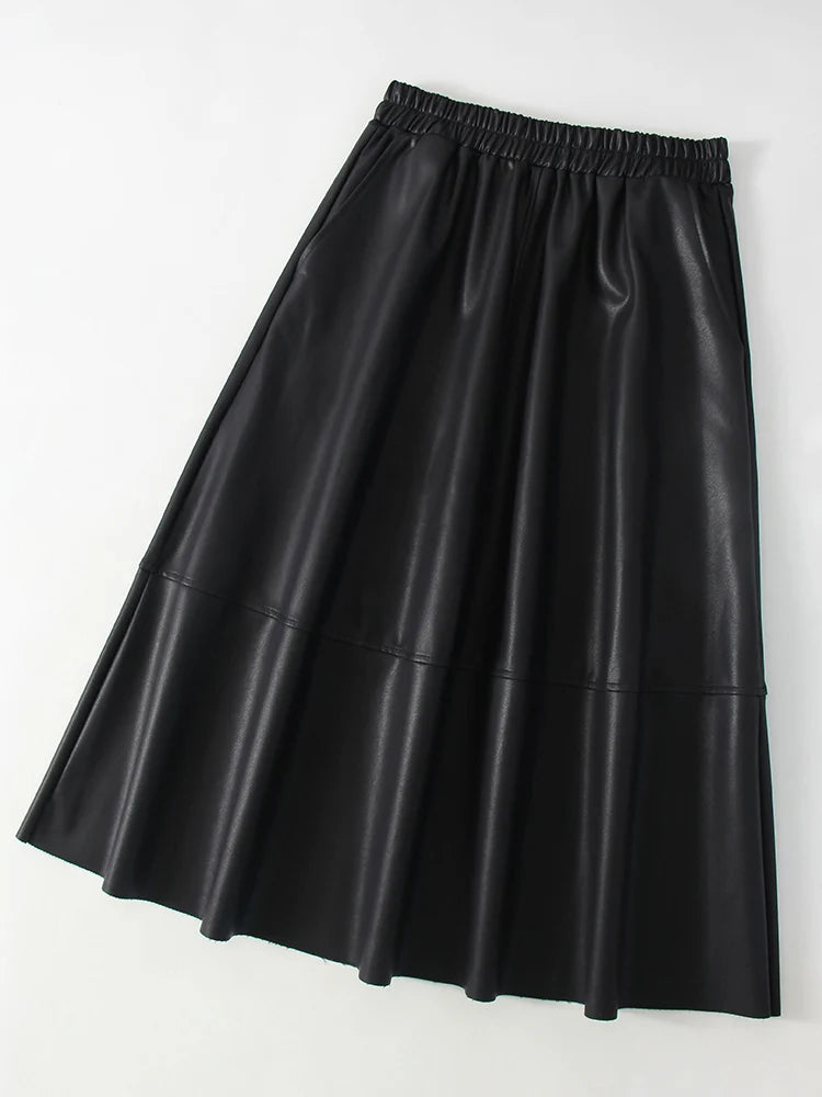 Leather A-Line Midi Skirt - Elastic Waist With Pockets