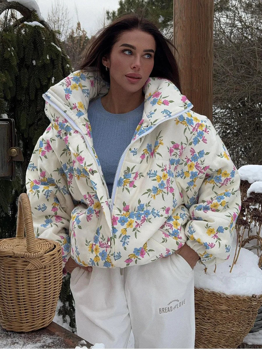 Floral Print Puffer Jacket - Oversized Stand Collar Coat