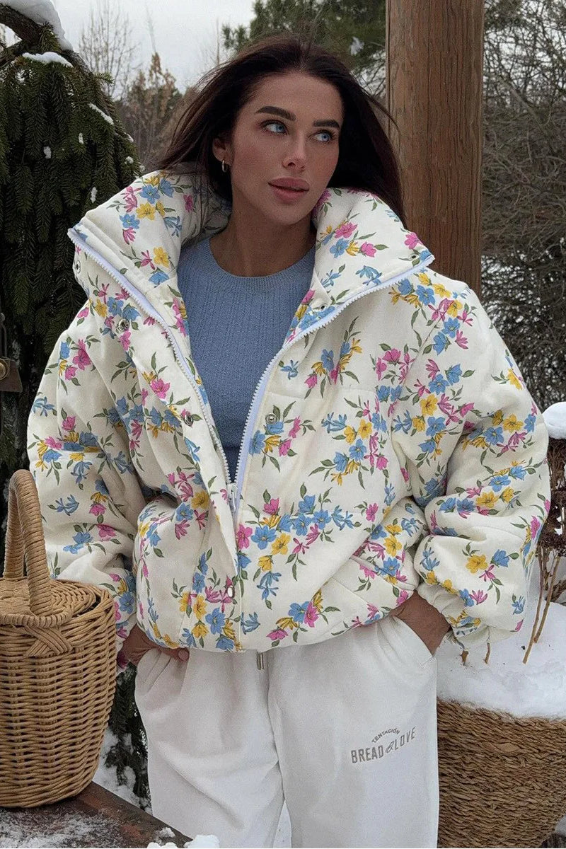 Floral Print Puffer Jacket - Oversized Stand Collar Coat