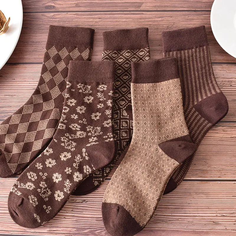 5-Pair Embroidered Flower Socks Set - Harajuku Retro Style