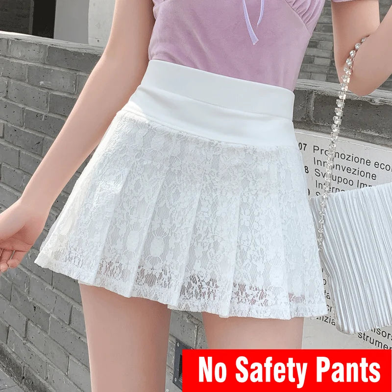 Lace Detail Pleated Mini Skirt - Sweet High Waist