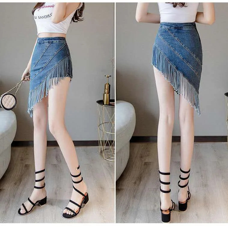 High Waist Fringe Denim Skirt - Coquette Streetwear