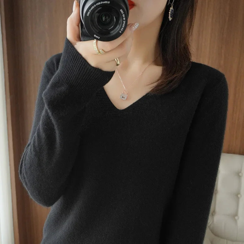 V-Neck Solid Knit Sweater - Warm Casual Pullover