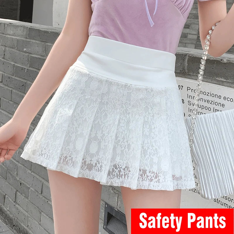 Lace Detail Pleated Mini Skirt - Sweet High Waist